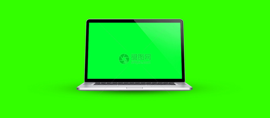 电子的计算机开放视图亮绿色背景上的空屏幕横幅复制空间3d插图infotooltip个人电脑办公室图片