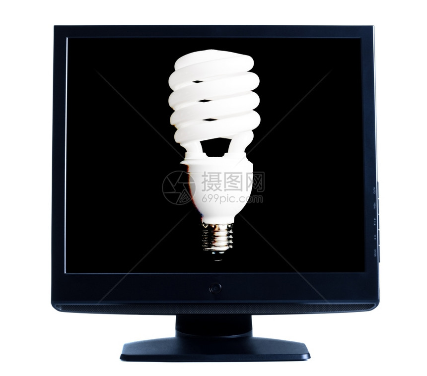 节省液晶显示器lcd屏幕显示白色背景上隔离的灯泡个人电脑图片