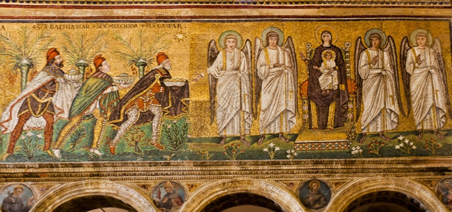 三个智者带左手的礼物麦当娜和儿女有右手的天使男士宗教拜占庭式图片