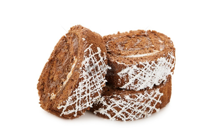 糕点甜巧克力卷蛋糕切片装饰着白底的椰子薯片Coconut果酱胖的图片