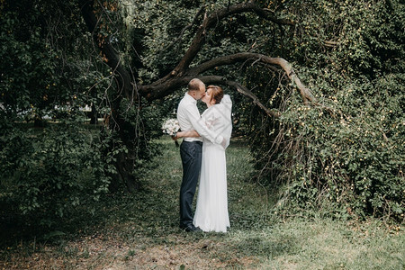 浪漫的爱树新娘和郎在公园亲吻和拥抱图片