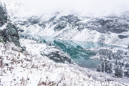 蓝色的冰川绿松山湖冬季和谷积雪水高清图片