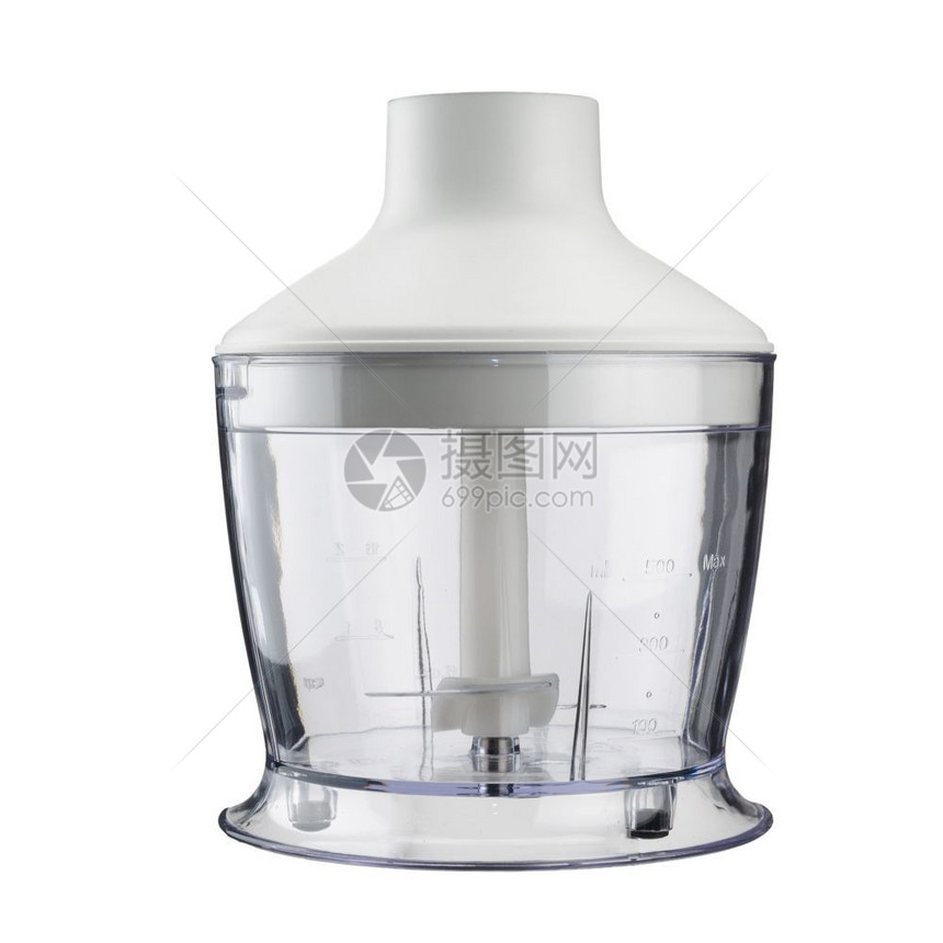 喝器具白色的用于塑料电动手搅拌机的白色和透明附件斩波器带有白色背景上隔离的不锈钢刀片图片