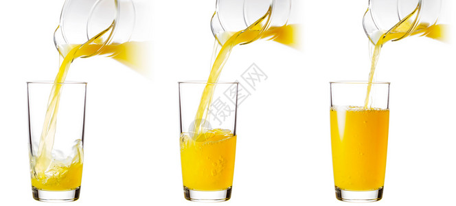 橙汁倒入一个玻璃杯在白色背景上隔绝橙汁倒入一杯中成熟茶点液体图片