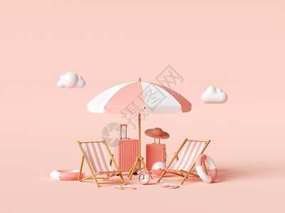 5a旅游风景区冲浪快乐的暑假概念海滩伞以及粉红色背景旅行附件3D插图5球设计图片