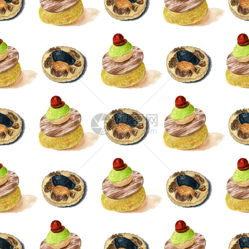 产品自制美食水彩蛋糕和饼干无缝模式的甜品背景图片