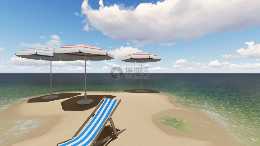 经过假期阳光明媚的白天和棕榈树在海边的雨伞下坐着椅子3D制成树木图片