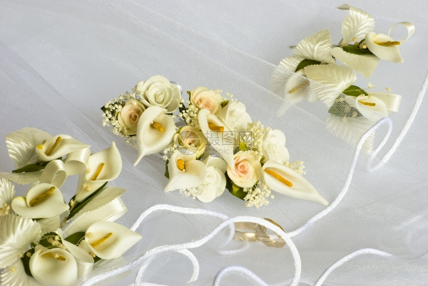 珠子马蹄莲美丽的新娘面纱上婚礼花装饰图片