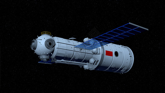 火箭旅行天宫三号河核心舱3D模型空间站在黑色飞行星背景3D插图宇航员背景图片