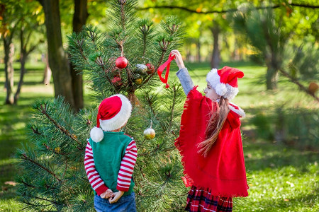 院子里装饰圣诞树的孩子们图片