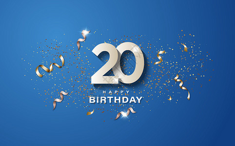 7074岁形象的20岁生日蓝底有白数字生日快乐标语概念活动装饰插图的股票庆祝快乐设计图片