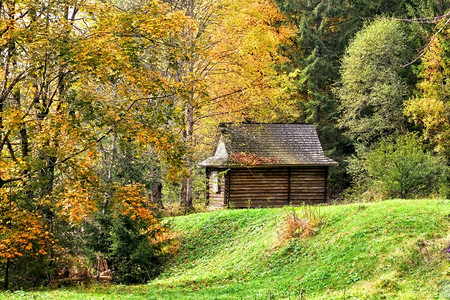 秋天的林中小屋图片