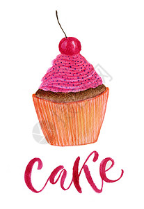 可爱的水彩纸杯蛋糕与樱桃明亮的贺卡插图明亮的贺卡插图面包店海报甜的图片