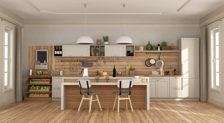 带有白厨房和岛屿的克拉西奇房间3D与岛一起建造白色和木制厨房公寓内阁蔬菜图片
