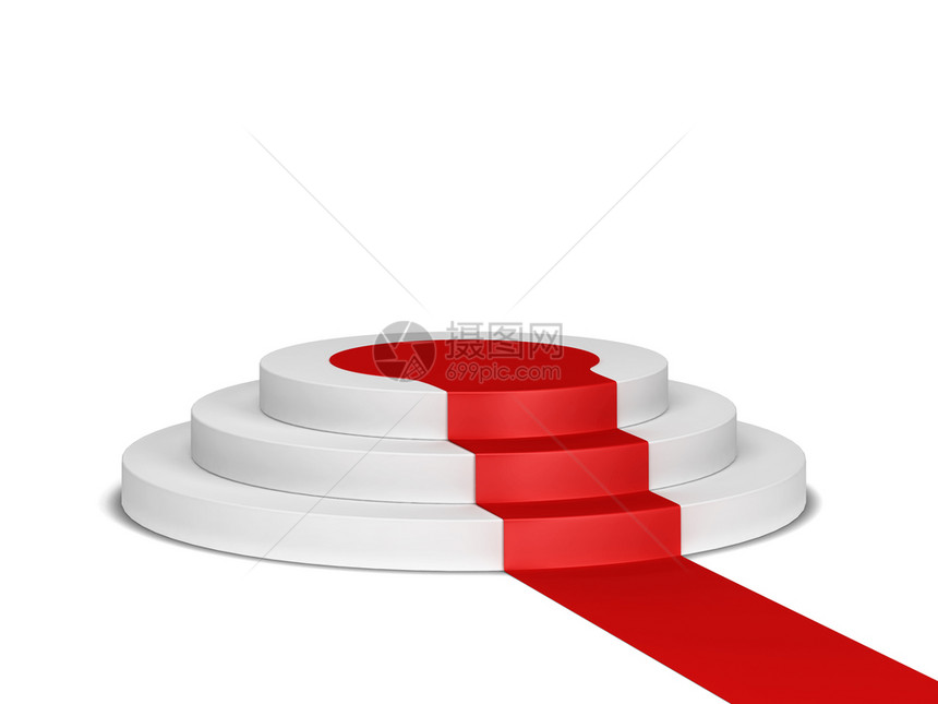 贵宾白色背景上孤立的红色地毯3D插图粉白色的楼梯图片