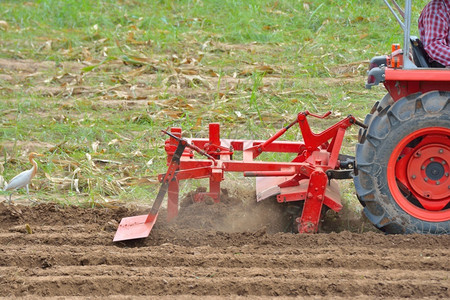 园丁农田业用红色拖拉机在耕种土地的农民棕色图片