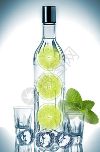 瓶装饮料素材象征水瓶装伏特加石灰薄荷和冰块月光设计图片