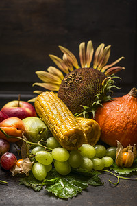 收成落下获水果和蔬菜用向日葵在黑木桌制背景关上感恩图片