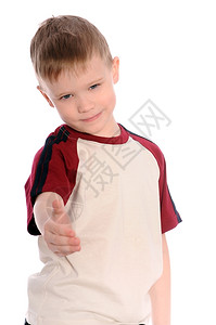 一个男孩伸出手来迎接孤立的白人背景男孩T恤伙伴图片