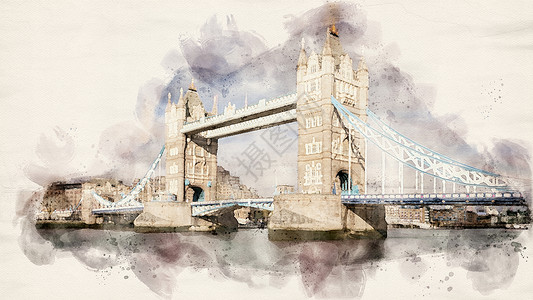 松江泰晤士天际线建造著名的伦敦铁塔大桥水彩色插图草插画