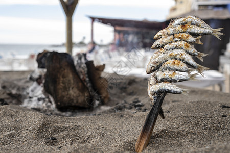 文化沙丁鱼串刺在烤土上新鲜的典型图片