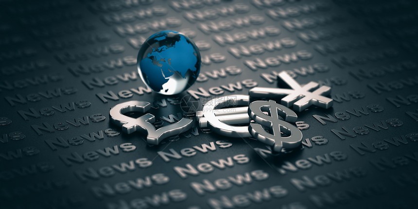 在哪里主要货币符号和玻璃环球在暗黑背景中被写成News3D插图一词的暗面背景下全球金融和市场信息的概念货币市场新闻交换国际的图片