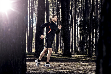 快速地在森林里跑步的运动健体人赛跑者强的图片