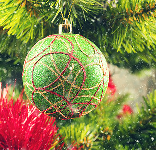 松树圣诞在枝上的球在头中间的枝上红色季节图片