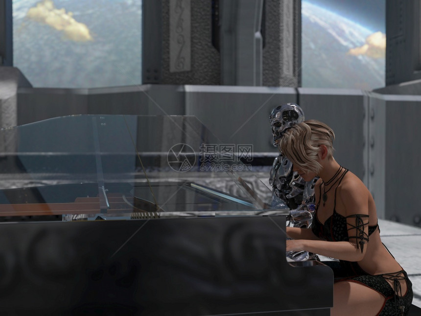 一个机器人和女在大行星背景下弹钢琴的特写3d渲染机器人和一个女在大行星背景下弹钢琴的特写声音未来力学图片