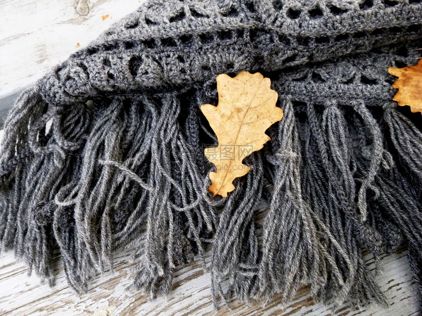 秋天公园的长凳上躺着秋天广场正要叶子秋日公园正要叶子上的长椅躺着Crocheted灰色披肩有创造力的质地灰色图片