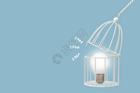 空鸟笼鸟笼的灯泡蓝背景隔离在鸟笼里最小概念金属丝白色的安全设计图片