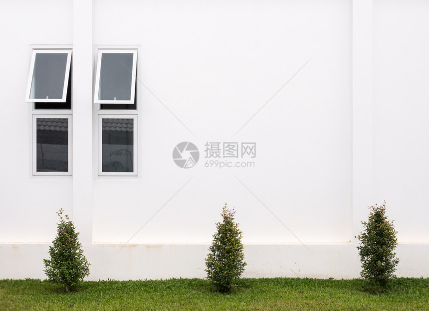 草在现代办公大楼后侧墙上打开了小窗户着城市建筑学图片