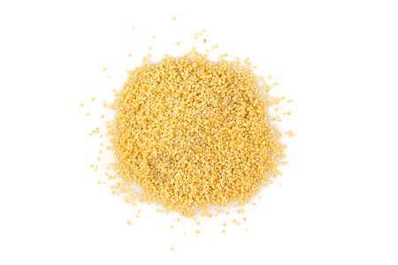 白顶观视或平板地铺的白面上孤立干小米健康食物和饮概念营养黄色的农业图片