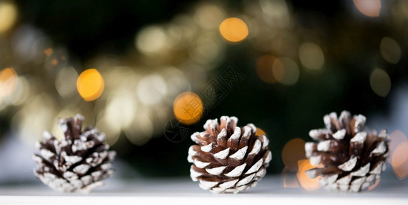 松树金子闪亮的果和圣诞灯假日背景图片