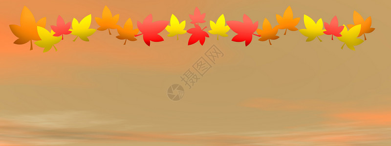 黄色的天空九月金的日落时天空背景中的秋叶3D渲染天空背景中的秋叶渲染艺术设计图片