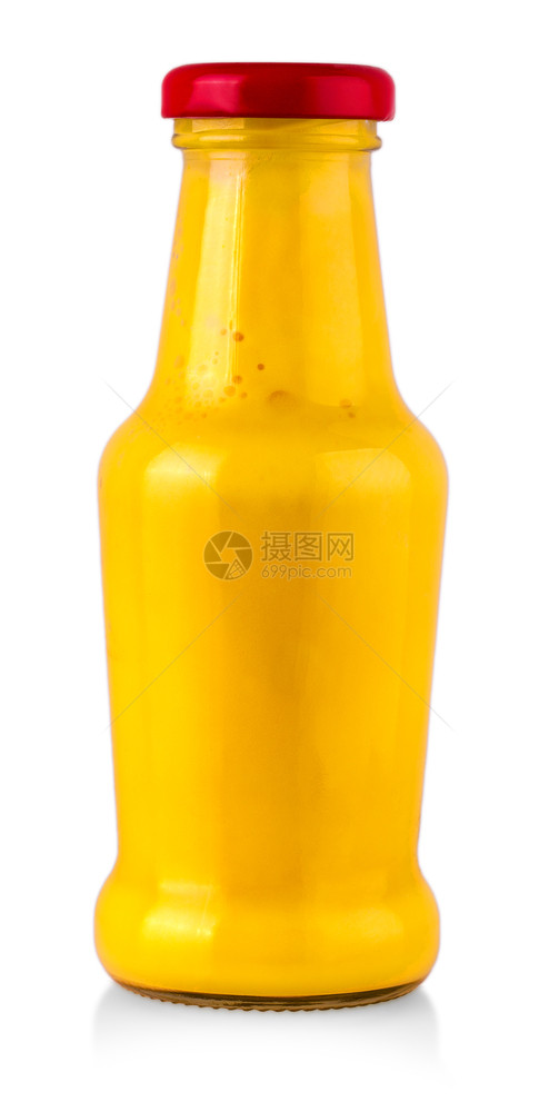 健康白底隔离的橙酱和黄盖子玻璃瓶白色辛辣的一顿饭图片