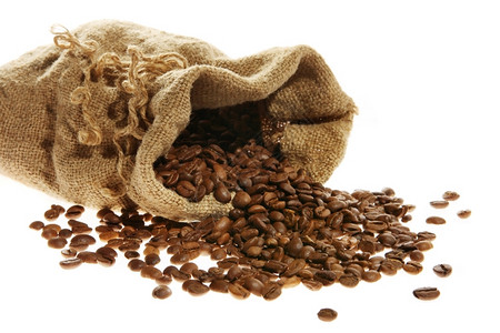 拿铁食物解雇咖啡在麻袋里洒白色背景上背景图片