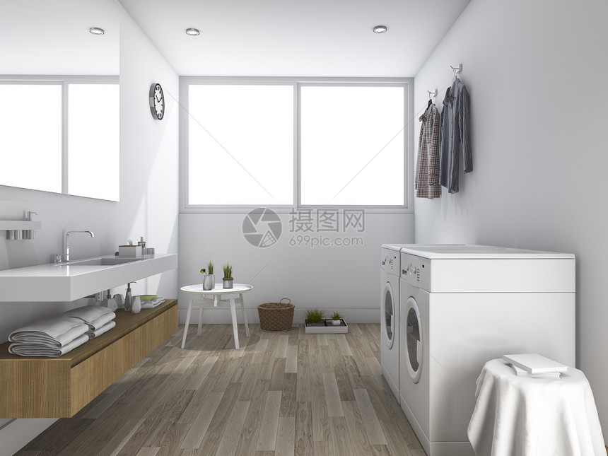 3d以最起码的设计将白色洗衣房改建成白色洗衣房配饰翻新装风格图片