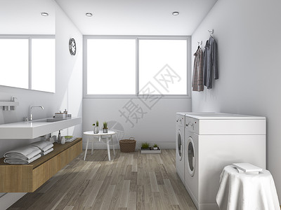 3d以最起码的设计将白色洗衣房改建成白色洗衣房配饰翻新装风格背景图片