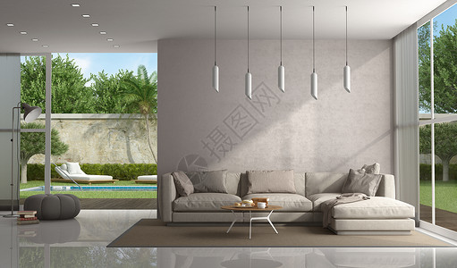 一个现代别墅的棕色客厅底有池子的现代别墅3D为布朗一间现代别墅的客厅空白水平室内背景图片