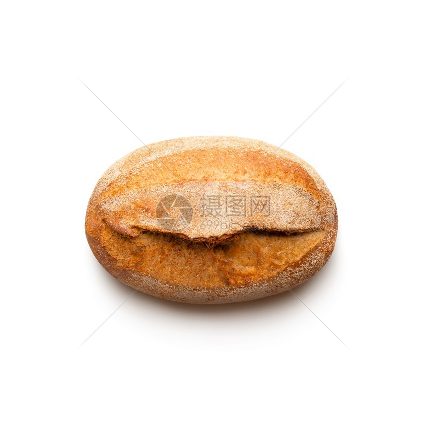 自制质地棕色的圆形烤面包与麸皮隔离在白色背景顶部视图圆形烤面包与麸皮图片