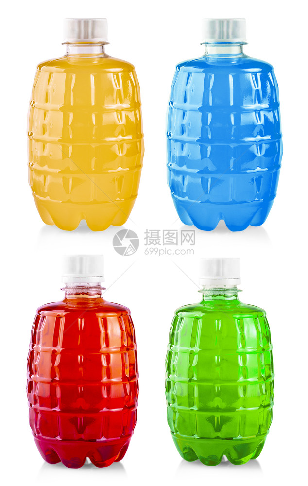 白色背景的塑料瓶中彩色饮凉爽的瓶装液体图片