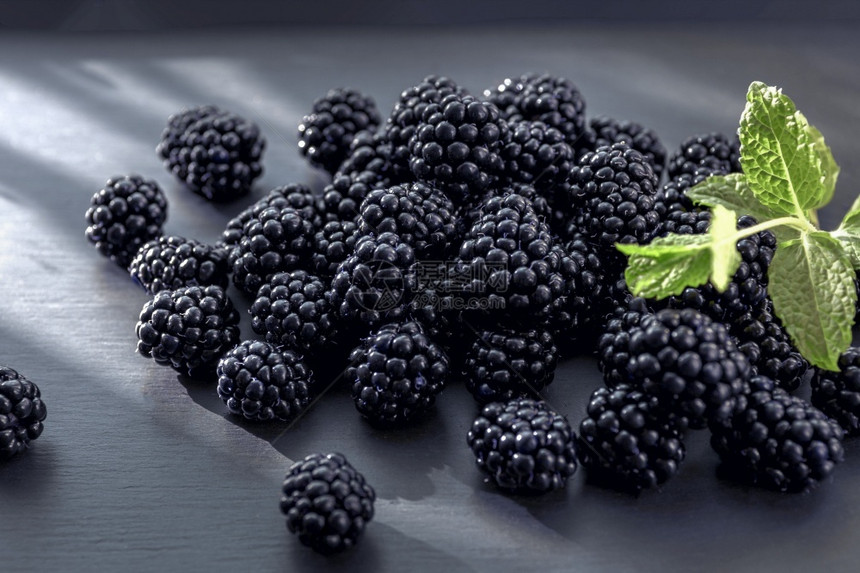 在灰色桌面上对多汁和美味的黑莓水果进行仔细观察选择焦点新鲜水果中的维生素概念夏天荒野铺设图片