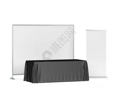 户外卷白色背景上孤立的三张插图解纸布横幅一旁的空白交易桌布展览图片