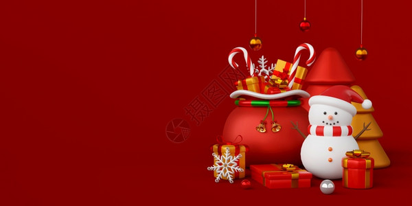 圣诞节礼物袋圣雪人诞旗帜袋和礼物三幅插图装饰盒子季节设计图片
