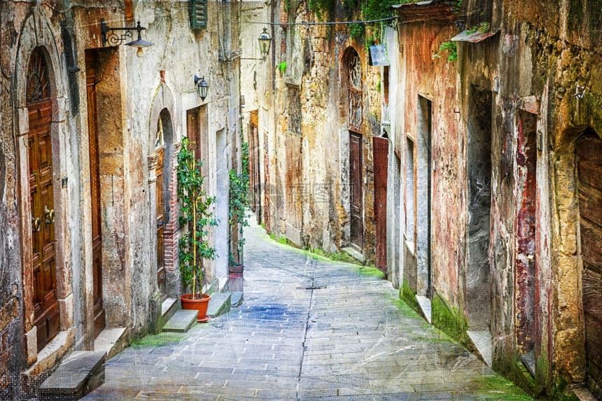 意大利中世纪古老迷人的村庄典型花草狭小街道屋外部的艺术图片