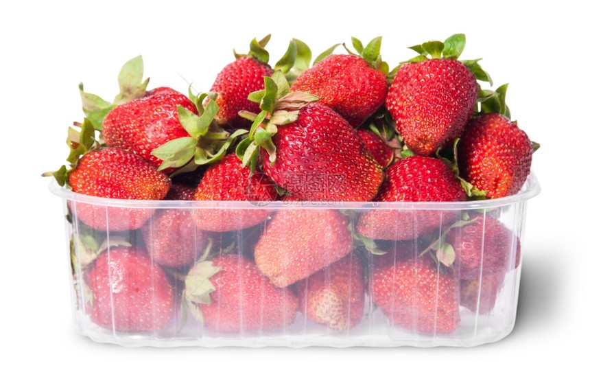 夏天水果在白色背景上隔离的塑料托盘中鲜新草莓营养图片