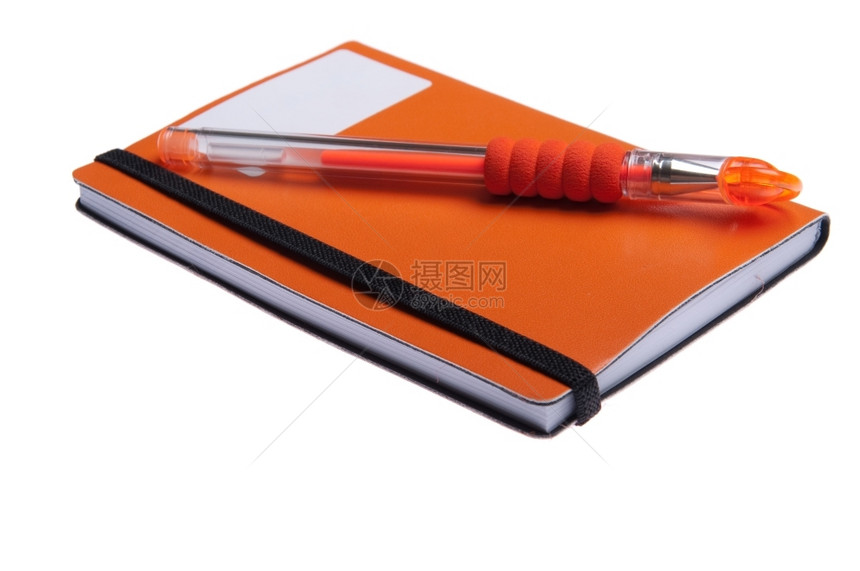 纸商业写作橙色笔记本日或议程和橙色笔放在白背景上被孤立的顶部图片