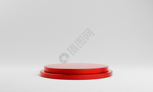白色背景的红圆柱产品展示摘要最低限度几何概念工作室讲台平展览演示阶段3D图解使形设计化空的墙明亮背景图片