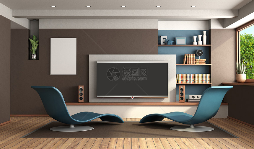 装饰风格硬木现代客厅配有家庭电影系统和以及两个蓝色的沙子休息室3D为现代客厅配有家庭电影系统渲染图片